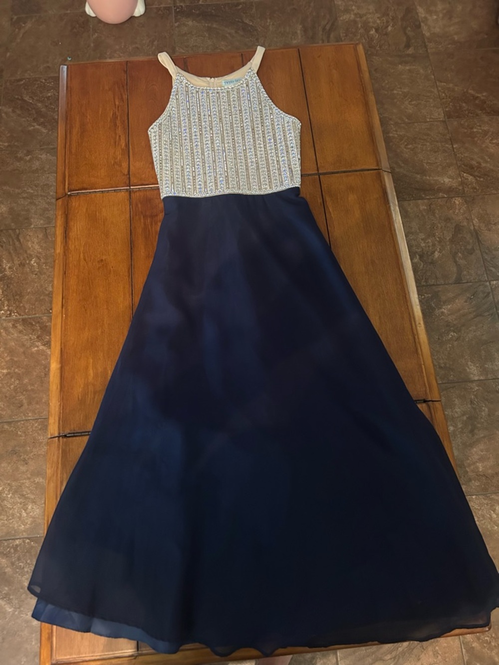 Girls Navy & Ivory Beaded Halter Formal Dress
